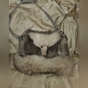 Genuine White Fox Fur and Gray Rabbit Fur Purse Handbag